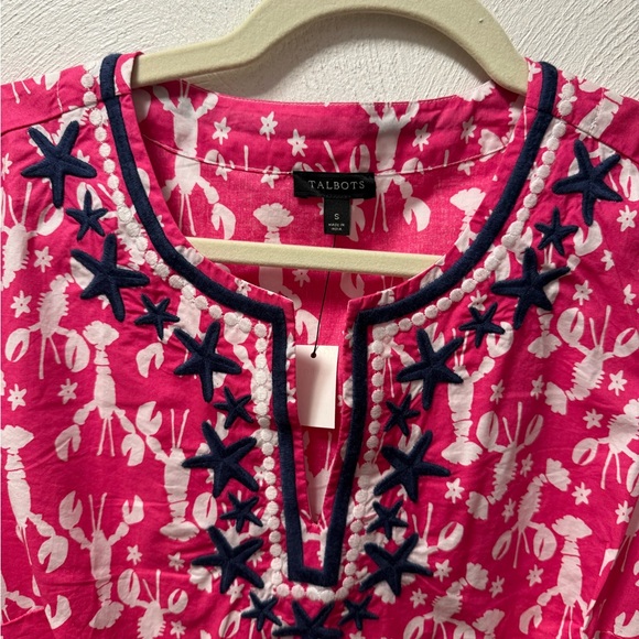 Talbots Pink White Blue Lobster Print Embroidered Cotton Tunic Top Size S NEW - Picture 4 of 6